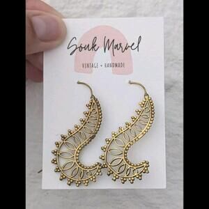 Handmade In Morocco Artisan Made Gold Brass Dangle Earrings Boho Gift